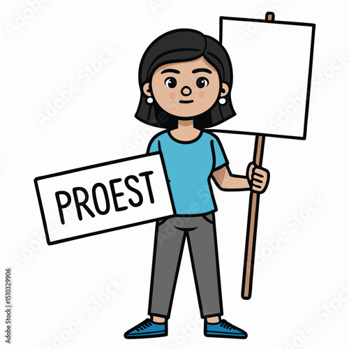 Woman holding blank protest sign ready for demonstration activism and social justice concept