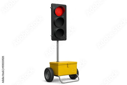 Portable traffic light showing red signal on transparent background
