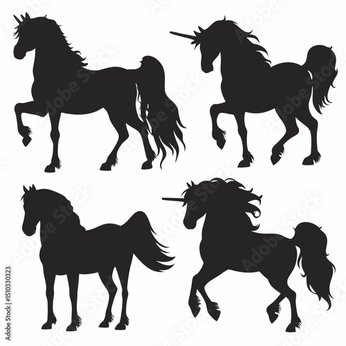 Silhouetted horses and unicorns standing in various poses against a white isolated background art design