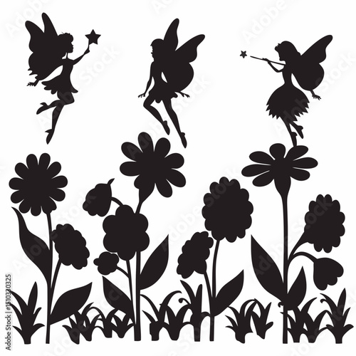 Silhouettes of three fairies flying above flowers and grass in a whimsical garden scene artfully rendered