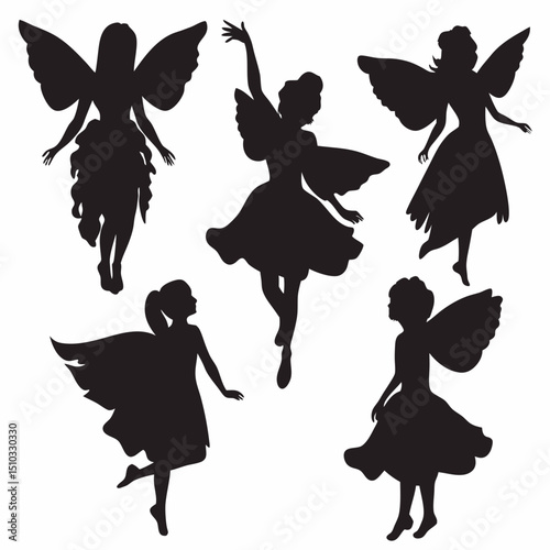 Silhouettes of five winged fairies in various poses against a white background in a vector graphic