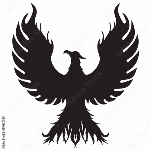 Silhouette of a phoenix with wings spread and tail feathers resembling flames in black color design