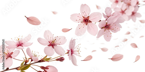 Sakura and leaves are flying, png Delicate cherry blossoms gracefully float in the gentle breeze of springtime, painting the air with their soft pink hues and ephemeral beauty png