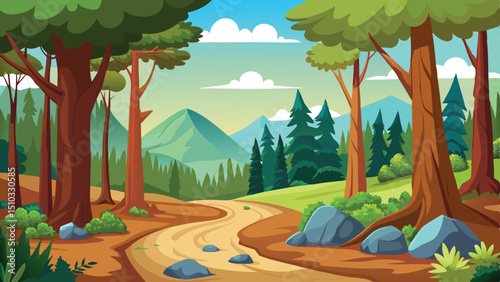Forest Landscape Cartoon Illustration with Winding Dirt Road, Trees, Mountains, and Sky