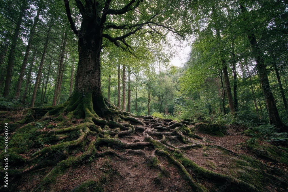 Naklejka premium Ancient Tree Roots Tangled on Forest Floor