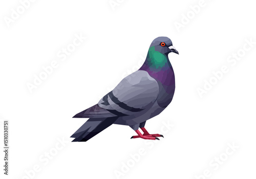 Stylized Pigeon with Gray Plumage and Iridescent Neck Feathers