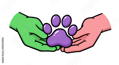 Cartoon Hands Holding a Purple Paw Print with Black Outline