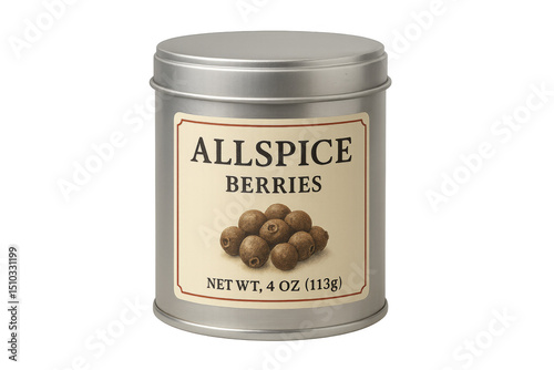 Allspice berries in a metal canister with transparent background
