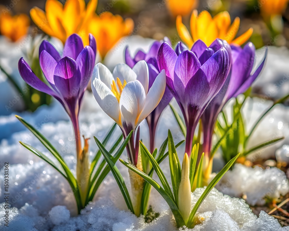 Fototapeta premium crocus-saffron-violet-blooms-spring-flowers-snow