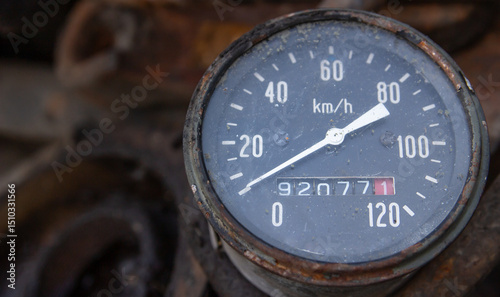 Close-up of an old analog speedometer with a classic dial