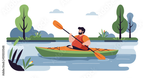 Man kayaking on calm water surrounded by trees - Concept of fat people do sports  