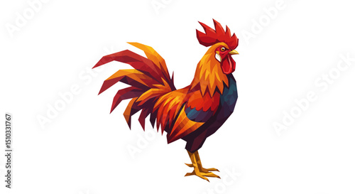 Geometric Rooster Illustration with Vibrant Red and Orange Plumage