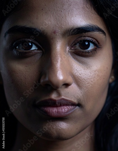 Close-up portrait of an indian woman's face. Realistic skin texture, natural lighting, sharpness, detailed eyes, natural skin imperfections.