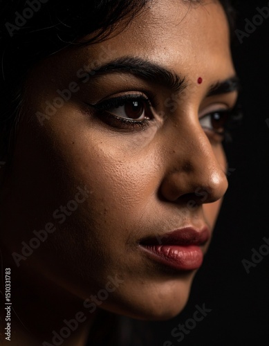 Close-up portrait of an indian woman's face. Realistic skin texture, natural lighting, sharpness, detailed eyes, natural skin imperfections.