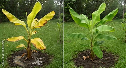 Visual Comparison of Waterlogged vs Well-Drained Banana Plants photo