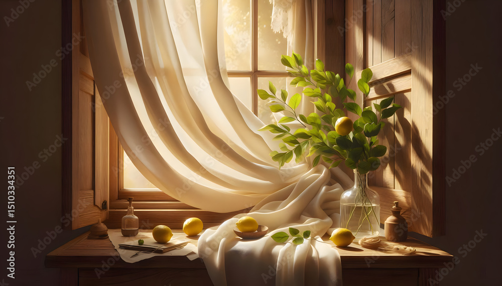 Fototapeta premium Sunlit Lemons on Rustic Window Sill