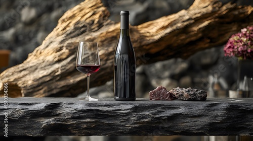 Intricate Visual Narrative of Red Wine Accents on a Black Stone Table Featuring Detailed Weathering and a Prominent Rustic Snag
