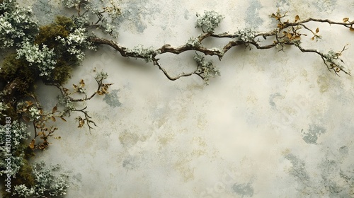 Abstract Northern Nature Scene with Detailed Lichen, Moss, and Aged Snags on a Beige Backdrop