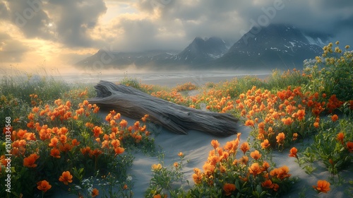 Mystical Driftwood and Floral Splendor on a Tranquil Alaskan Shore at Sunrise