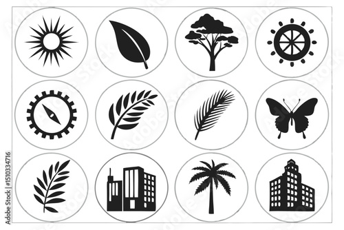 Black and white icon set featuring nature city and navigation symbols for design