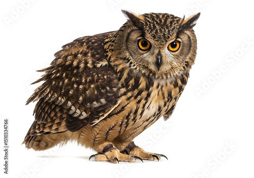 Majestic Eurasian Eagle Owl Stares Intently Isolated on White Background Capturing the Beauty of Wildlife