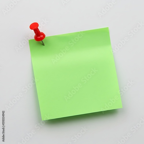 Green Sticky Note Pinned to a White Surface with a Red Push Pin for Reminders