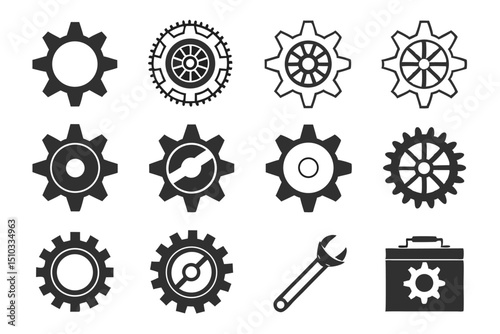 Collection of gear icons depicting mechanical engineering and industrial design elements