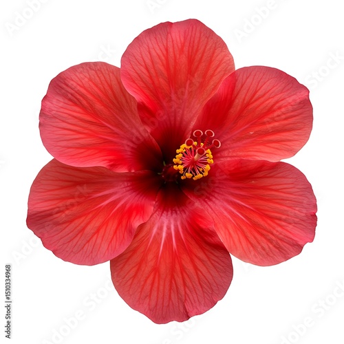 Isolated Red Hibiscus Flower Blossom on White Background Close Up View of Tropical Blooming Plant