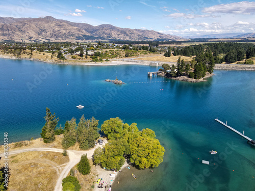 Drone view at lake Hawea on New Zealand