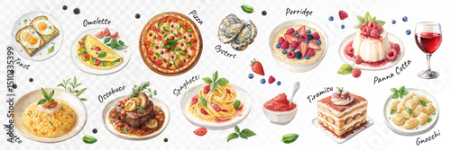 Watercolor delicious traditional Italian food dishes with realistic texture and vibrant colors. Hand drown style. Vector EPS 10.