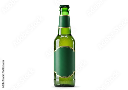 Isolated Green Glass Beer Bottle with Blank Label on White Background for Mockup and Design
