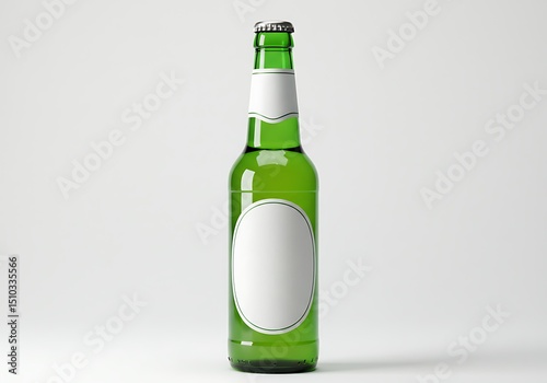 Green Glass Beer Bottle with Blank White Labels on a Clean White Background for Mockup