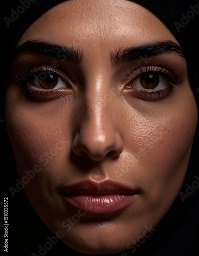 Close-up portrait of aarabic woman's face. Realistic skin texture, natural lighting, sharpness, detailed eyes, natural skin imperfections.