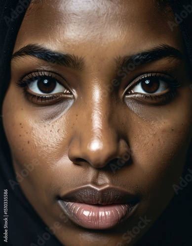 Close-up portrait of aarabic woman's face. Realistic skin texture, natural lighting, sharpness, detailed eyes, natural skin imperfections.