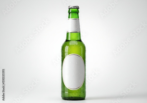 Green Glass Beer Bottle with Condensation and a Blank White Label on a Clean White Background