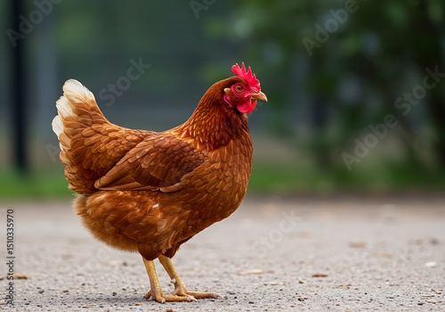 Beautiful Brown Hen Standing on Gravel with Green Background on a Farm in the Countryside