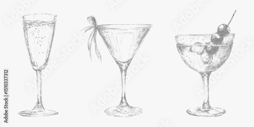 Italian style collection of classic cocktails and drinks with vintage ink sketch. Noisy gritty dot halftone effect and retro pop art stipple vibe for elegant banners.