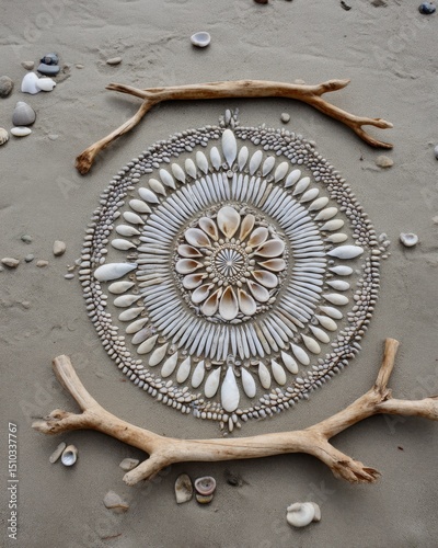 Mandala pattern made of tiny shells and driftwood arranged on beach, poetic symmetrical design