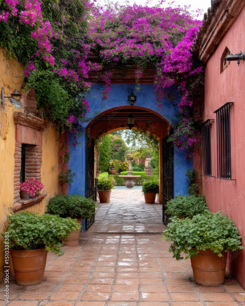 Fototapeta premium San Miguel garden archway with climbing flowers, terracotta herb pots and vivid colonial tones