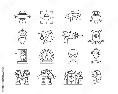 Science Fiction Icon collection containing 16 editable stroke icons. Perfect for logos, stats and infographics. Edit the thickness of the line in Adobe Illustrator (or any vector capable app).