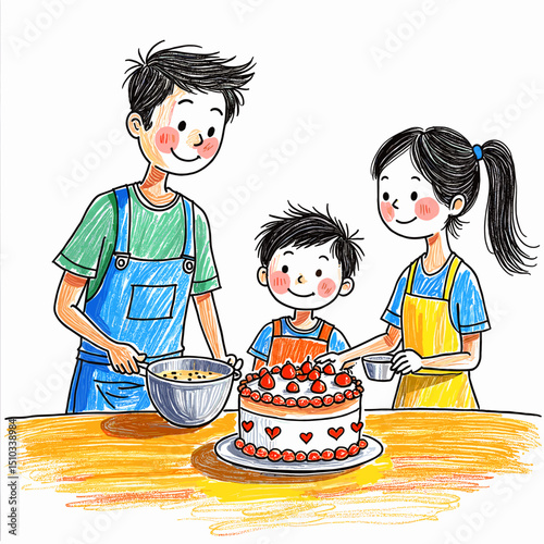 Family cooking together while decorating a cake for Father's Day  