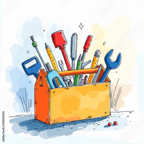 Toolbox filled with various father's tools and sketchy art style 