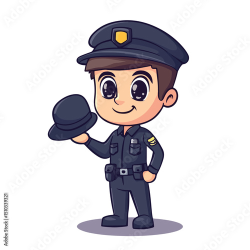Professional Police Officer Holding Hat Worker Cartoon Vector Illustration