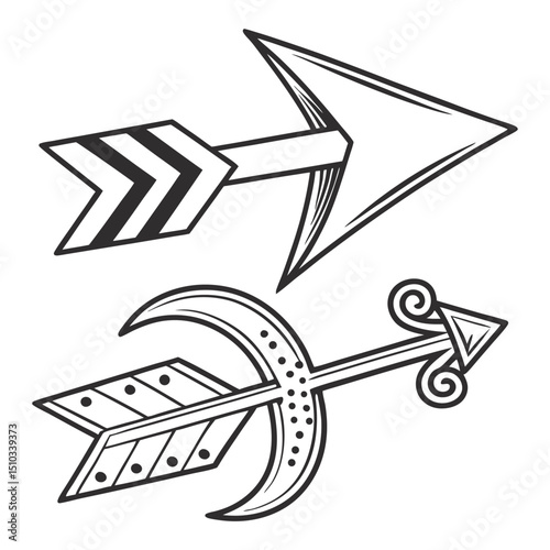 Two Stylized Arrows with Different Designs in Black and White