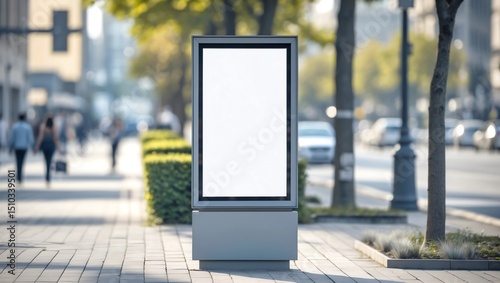 led blank billboard white screen side road in city. ad mockup copy space for advertising banner near bus stop in metropolis