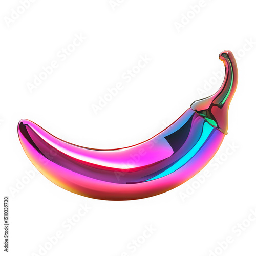 Liquid chrome chili pepper in 3D Y2K style. Glossy pastel petals, holographic shine, metallic surface, freeform dreamy shape, soft reflections.