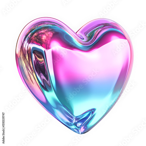 Metallic holographic heart in Y2K 3D style. Shiny pastel finish, molten chrome texture, soft glowing reflections, dreamy retro futuristic vibe.