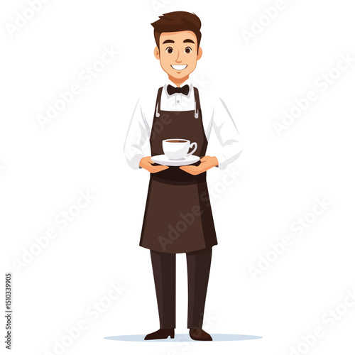 Elegant Professional Male Waiter in Uniform Vector Illustration for Catering Services