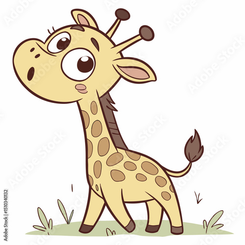 Adorable Cartoon Giraffe Standing in Grassy Field with Big Eyes