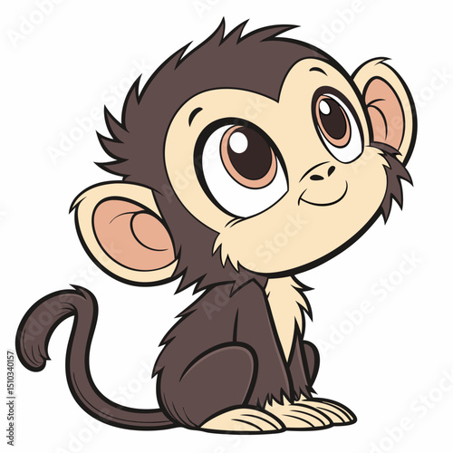 Adorable Cartoon Monkey Sitting and Looking Up with Hopeful Eyes